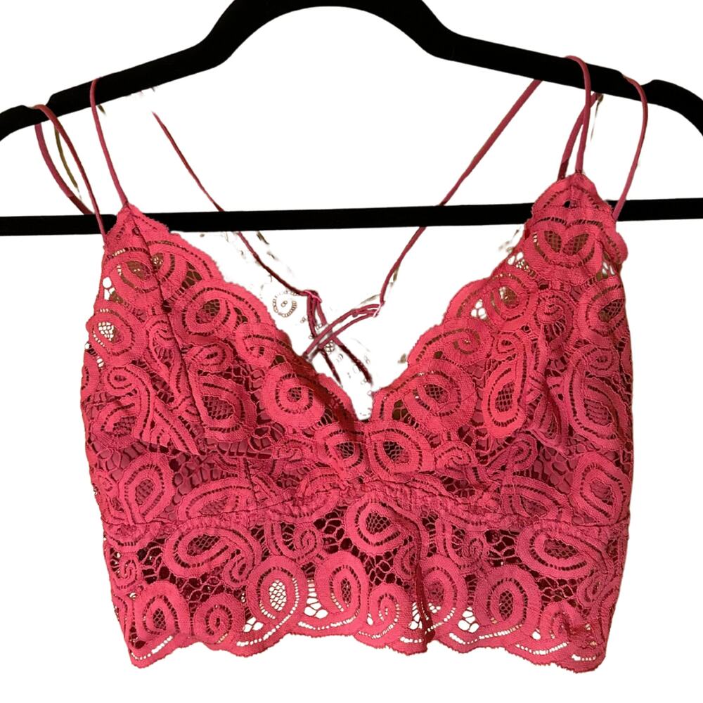Free People Pink Lace V-Neck Crop Top Cross Back Straps Bralette Boho Women's L